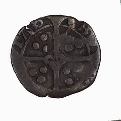 Coin, round, long cross with three beads in each angle and quatrefoil in centre; text around, ... TAS EB ..