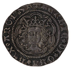 Coin, round, crowned bust of the King facing within a tressure of nine arches; text around.