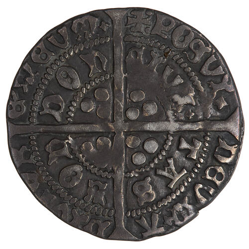 Coin, round, long cross pattee dividing legend; text around in two concentric circles.