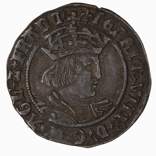 Coin, round, crowned bust of the King facing right within a circle of beads; text around.