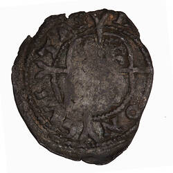 Coin, round, Royal shield below long cross which divides legend; CIVITAS L[ON]DON.