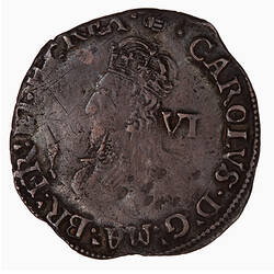 Coin, round, Crowned bust of the King facing left wearing a lace collar and armour; text around.