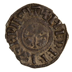 Coin, round, at centre, within a circle, a cross crosslet; text around, + HEREBEAED MONT.