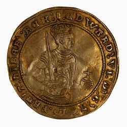 Coin, round, Crowned half length figure of the King wearing armour and holding a sworn and orb.