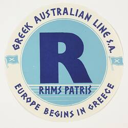Baggage label - Greek Australian Line, RHMS Patris, circa 1959