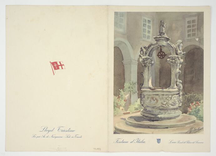 Menu card with fountain image.