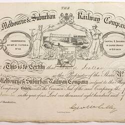 Scrip - Melbourne & Suburban Railway Co, Issued Australia, 1859