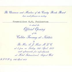 Invitation - Country Roads Board, Opening of Calder Freeway, Niddrie, Victoria, 21 Apr 1972