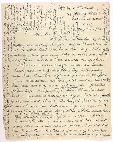 Letter - Northcott to Telford, Phar Lap's Death, 05 May 1932
