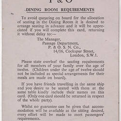 Card - P&O Dining Room Requirements