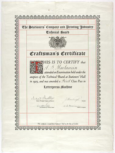 Certificate - Letterpress Machine Examination, First Class Pass, Issued to AG  Maclaurin, 1925