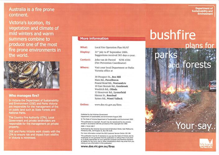 Pamphlet - 'Bushfire Plans for Parks and Forests: Your say . .', Department of Sustainability and Environment, Victoria, Australia, Aug 2005