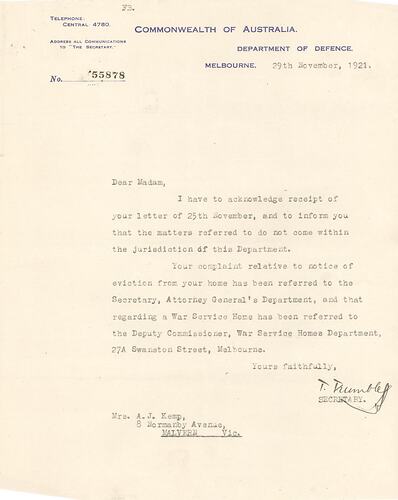 Letter - Commonwealth of Australia, Eviction from Home, 29 Nov 1921
