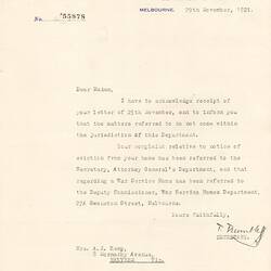 Letter - Department of Defence to Mrs A. J. Kemp, Eviction from Home, 29 Nov 1921