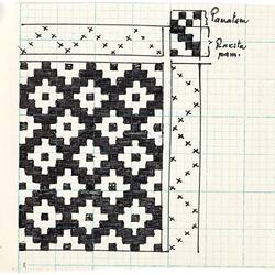 White sheet with black diamond pattern on square grid. Crosses marked along top and right edge.
