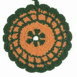 Pot Holder - Clementina Comparin, Crotched, Green & Orange Wool, circa 1930