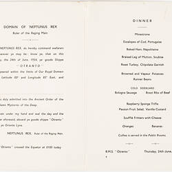 Menu - RMS Otranto, Orient Line, Dinner, At The Equator, 24 Jun 1954