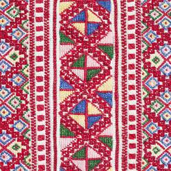 Embroidered rectangle, predominantly red, white, blue and green.