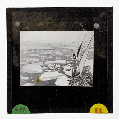 Lantern Slide - SY Discovery in Loose Pack Ice, BANZARE Voyage 2, Antarctica, 1930-1931