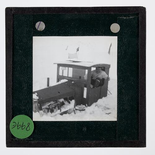 Lantern Slide - Explorer in a Snow Tractor at the Ross Ice Barrier, Ellsworth Relief Expedition, Antarctica, 1935-1936