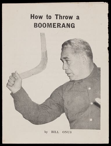 Black and  white leaflet depicting man holding boomerang.