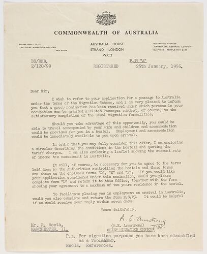 Typewritten letter on Australian Government letterhead.