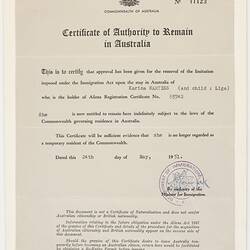 Certificate - Authority to Remain in Australia, Issued to Karina Nartiss, Victoria, 24 May 1951