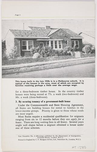 Booklet - Department of Immigration, 'Facts About Housing in Australia', January 1958