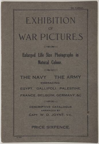 Catalogue - Captain W. D. Joynt, 'Exhibition of War Pictures', 9th Edition, Melbourne, 1922-1925