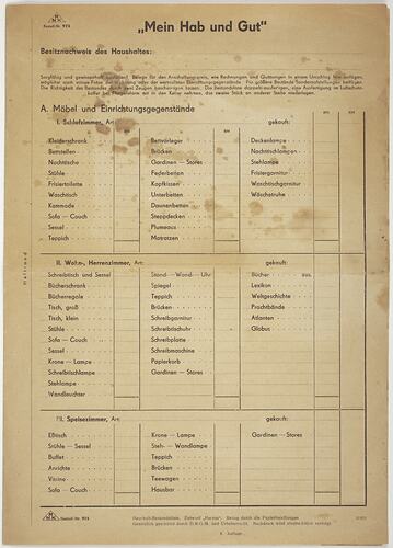 Insurance Claim Form - Domestic Bomb Damage, Issued to German Residents, Germany