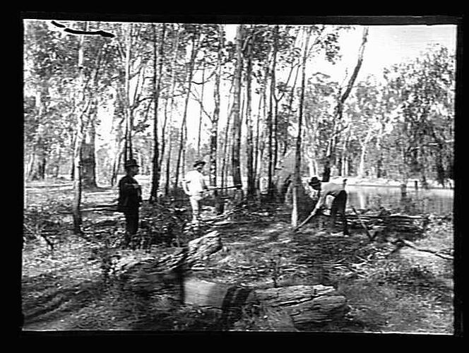 Men with axes in bushland next to river.