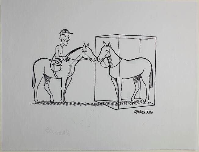 Cartoon, racehorse looking at racehorse in exhibition case.