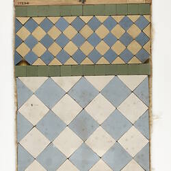Ceramic Mosaic Sample - De Marco Bros, Ceramic on Fabric Mount, Bands & Diamonds,  Green, Yellow, Blue & White, circa 1920s