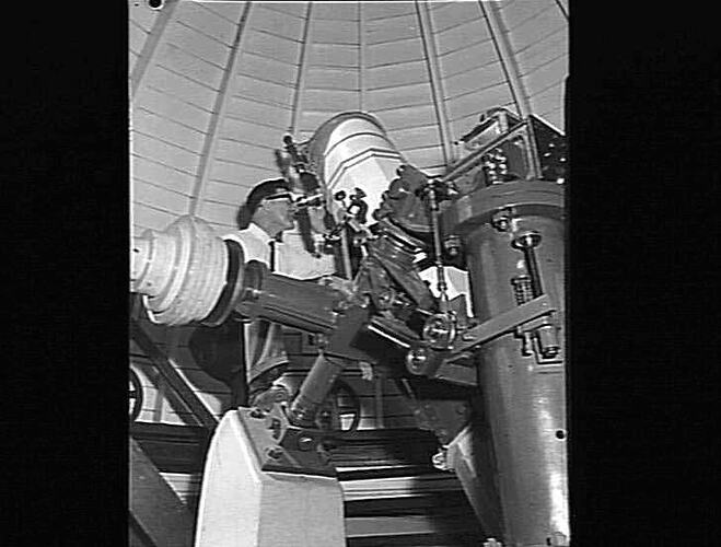 Negative - Ron Cavill with Jeffree Telescope, Melbourne Observatory, South Yarra, Victoria, circa 1968