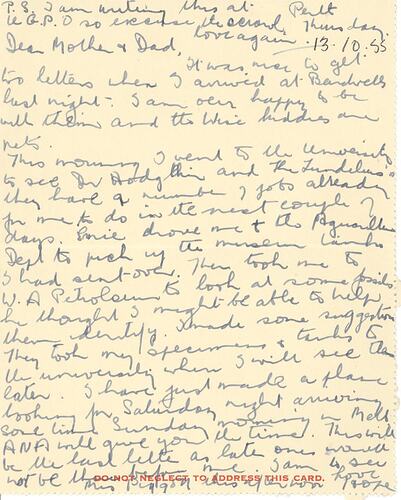Letter - From Hope Macpherson to Parents while in Perth en route to Melbourne after Packing Bardwell Collection in Broome, WA, 14 Oct 1955