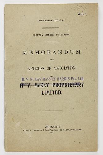 Memorandum & Articles of Association - H. V. McKay Massey Harris Pty Ltd, 1921