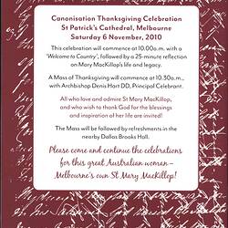 Order of Service - Prayer Service, Saint Mary of the Cross MacKillop Canonisation, 17 Oct 2010