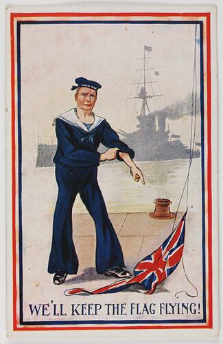 Illustration of seaman with flag on ground and ship in background, printed text below.