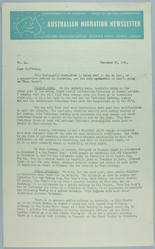 Newsletter - 'Australian Migration Newsletter', 30 Dec 1960