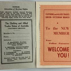 Membership Booklet - Clothing & Allied Trade Union of Australia, Issued to Dorothea Dunzinger, 1963-64