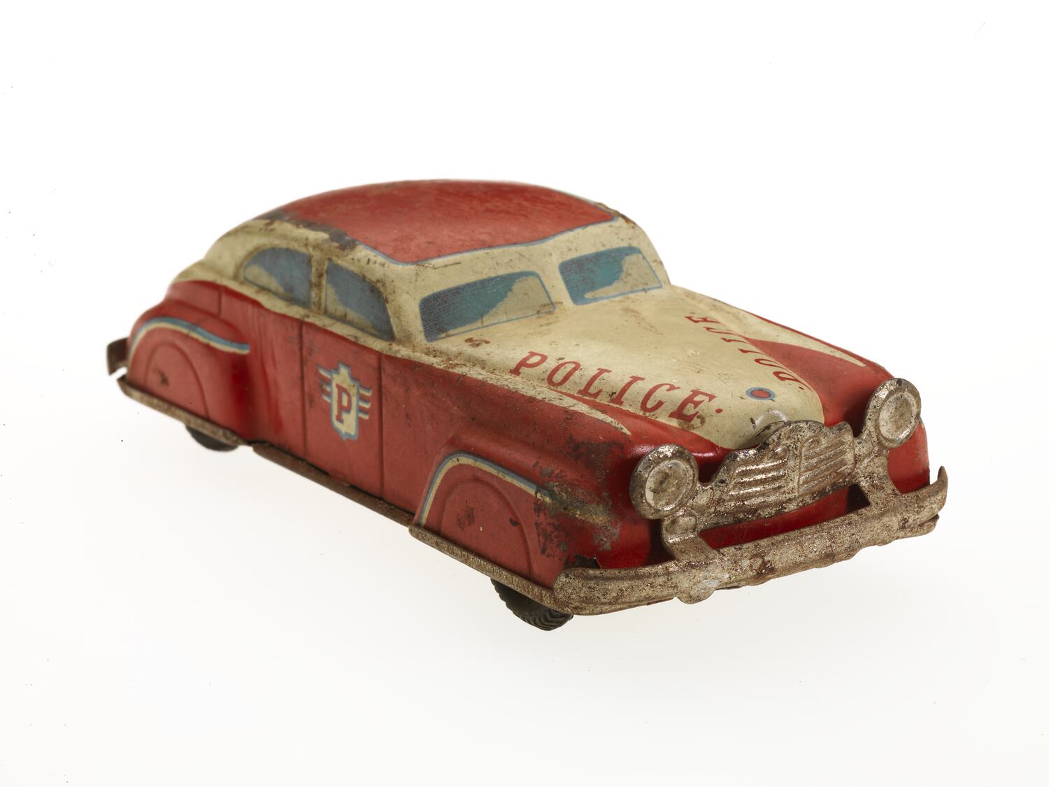 Toy Police Car - Metal, Red & Cream, 1950s