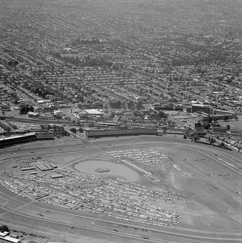 Negative - Aerial View of Caulfield Racecourse & Surrounding Suburb, Victoria, 20 Dec 1969