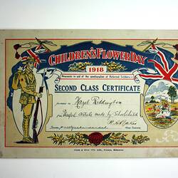 Certificate - Children's Flower Day, Issued to Hazel Riddington, 1918