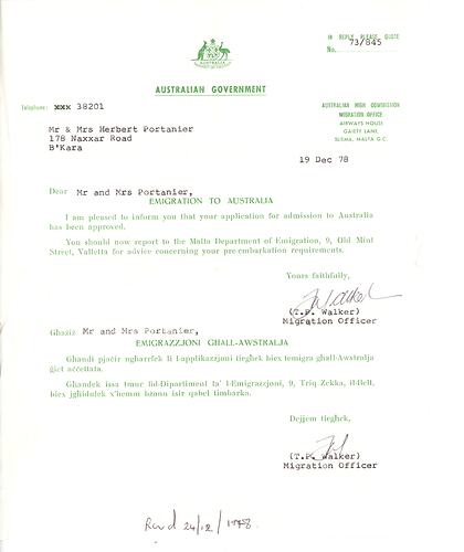 Letter - Australian Government to Mr & Mrs Herbert Portanier, Emigration to Australia Approved, Malta, 19 Dec 1978