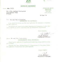 Letter - Australian Government to Mr & Mrs Herbert Portanier, Emigration to Australia Approved, Malta, 19 Dec 1978