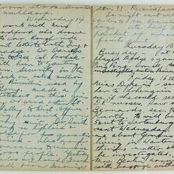 Open book, 2 cream pages dated Wednesday 14. Cursive handwritten text in blue/black ink. Page 66 and 67.