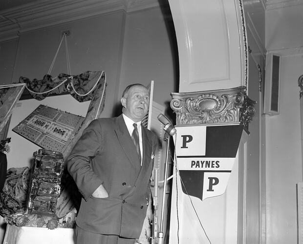 Paynes Properties Ltd., Man Making a Speech, Victoria, 02 Apr 1959