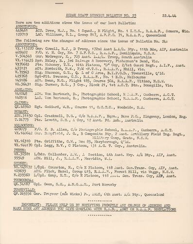 Bulletin - 'Kodak Staff Service Bulletin', No 25, 22 Apr 1944