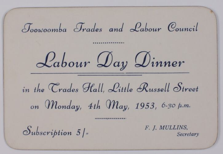 Ticket - Labour Day Dinner, 1953