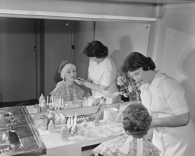 Elly Lukas Salon, Woman Applying Cosmetics, Melbourne, 30 Jul 1959